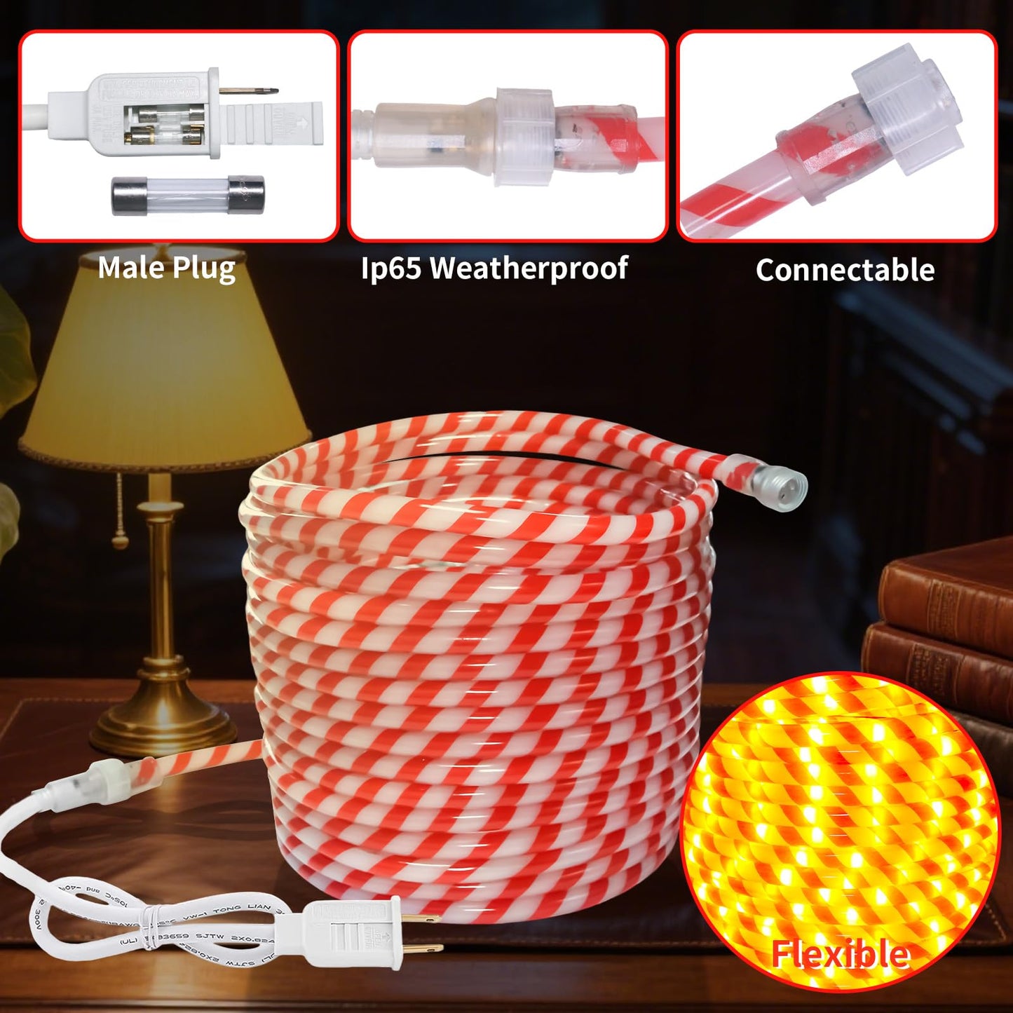 vicktree 360 LED Christmas Candy Cane Rope Lights, 40FT Waterproof Xmas Tree Light, Connectable Tube Light Plug in for Indoor Outdoor Garden Yard Holiday Wedding Festival Party Decoration
