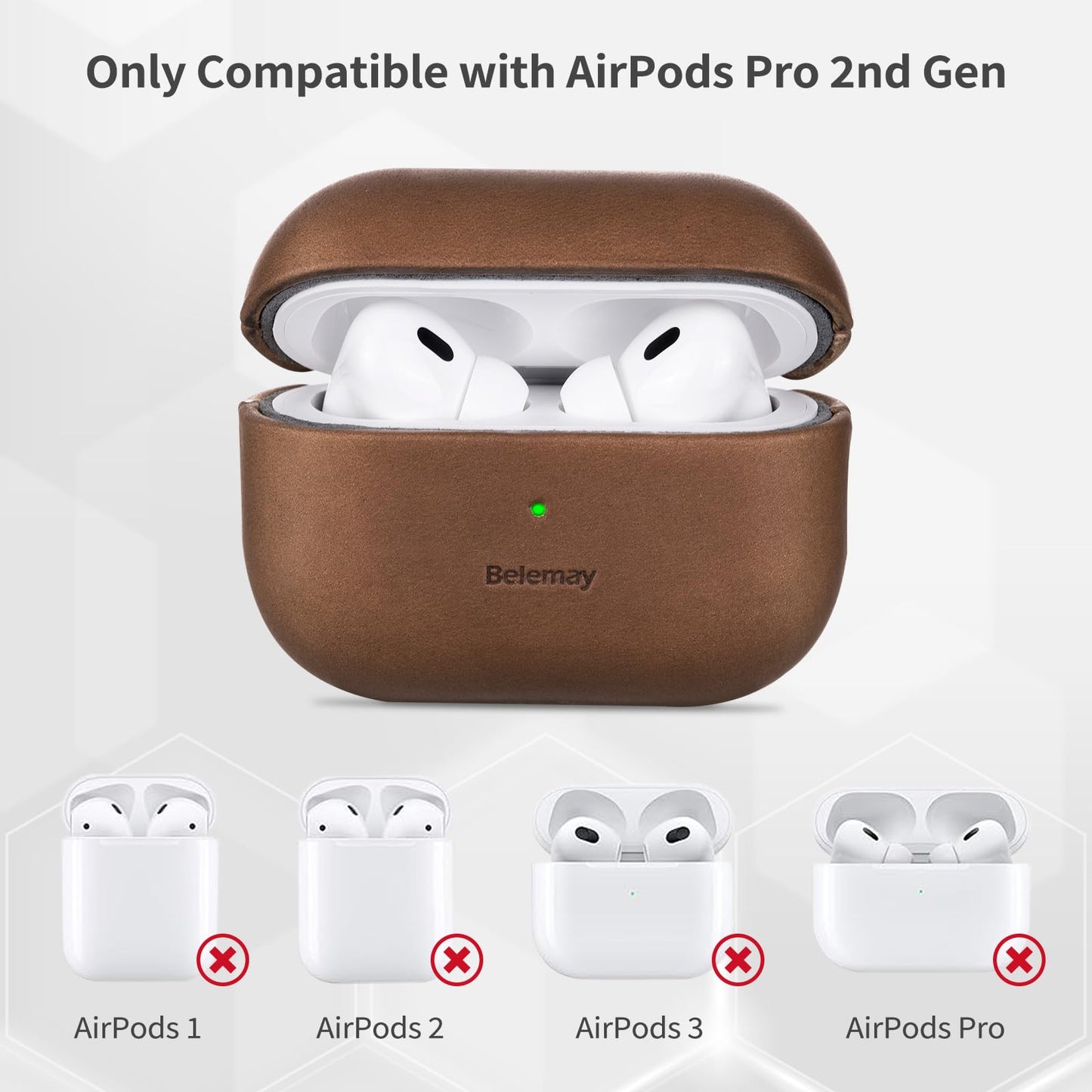 Belemay for AirPods Pro (2nd Generation) Case – Premium Crazy Horse Leather - Rich Patina- Secure Grip - Compatible with MagSafe and Wireless Charging - Compatible with Airpods Pro 2 Case - Brown