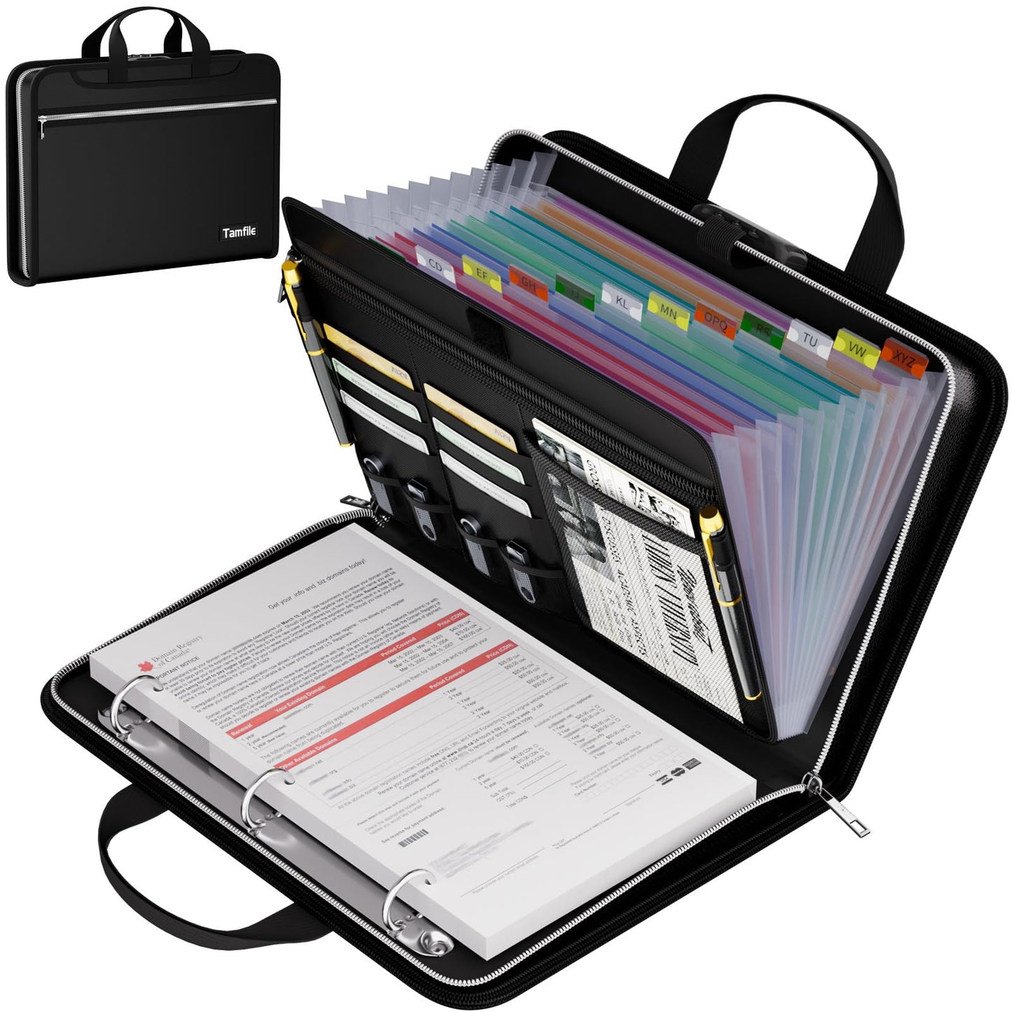 Tamfile Accordion File Organizer with Combination Lock, Fireproof Water 3 Ring Binder, 13 Pocket Expanding File Folder with Labels, Multi Pockets Document Organizer for Letter A4 Files (Black)