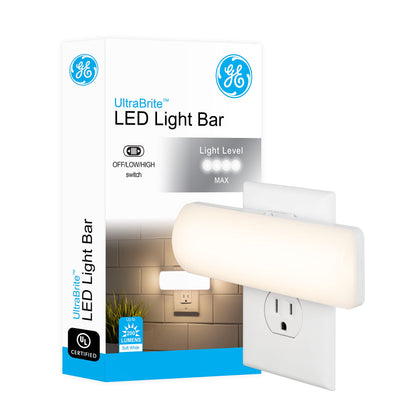 GE Ultrabrite LED Light Bar Night Lights Plug Into Wall Room Decor Ambient Lighting Dusk to Dawn Sensor Bright Nightlight, White, 100 Lumens, 2 Pack