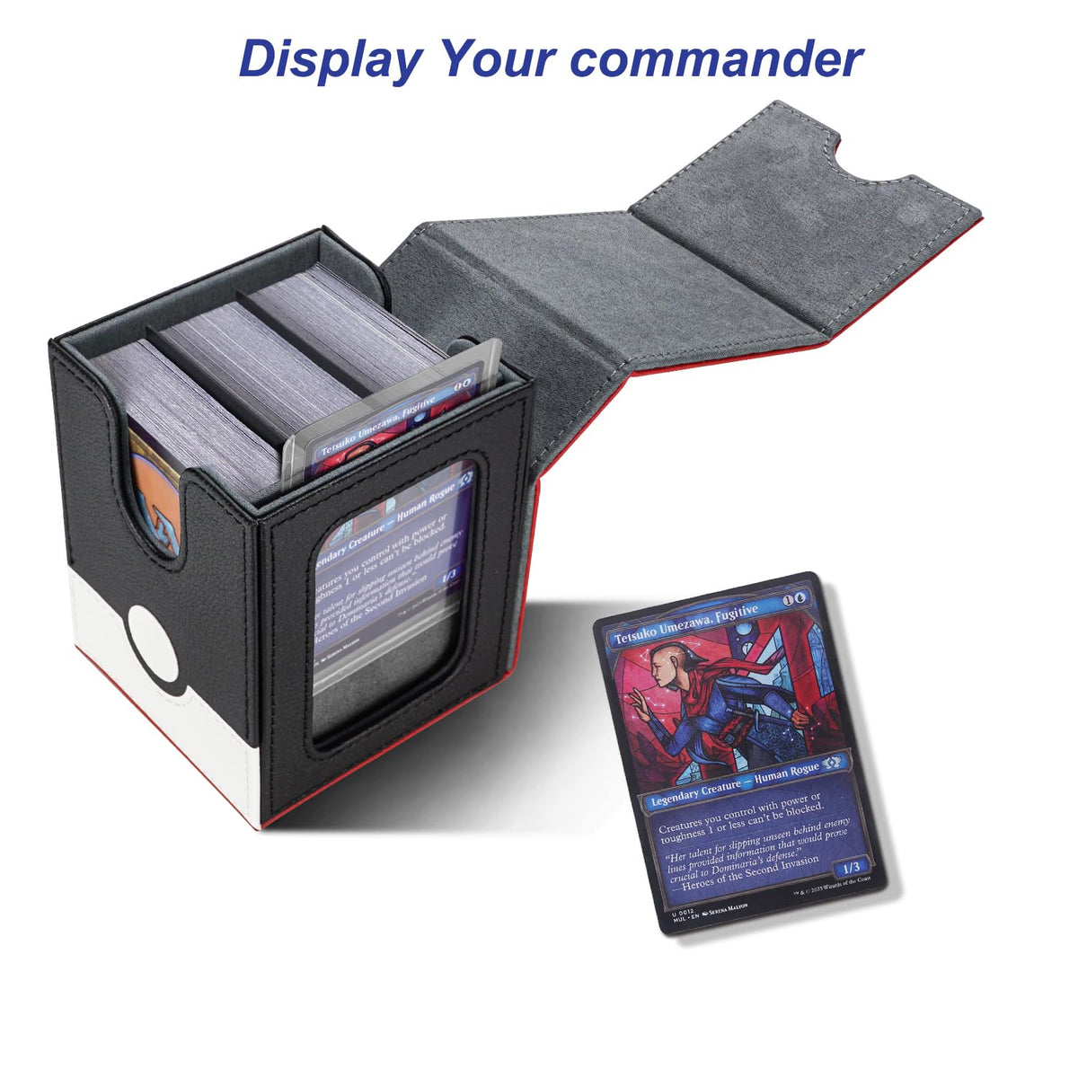 AFIING MTG Deck Box for Commander Display,Card Deck Case Fits 100 Double Sleeved Cards, Magic Commander TCG Card Storage Box with 2 Dividers,Dice Bag and 1 Toploader(Red Black)