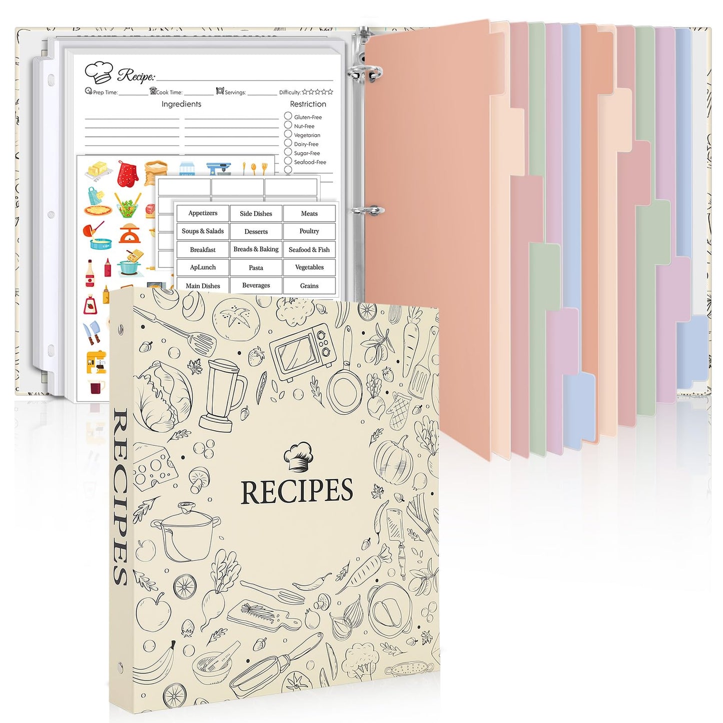 Recipe Binder 8.5x11 3 Ring, 1" Round Rings, Recipe Book to Write in Your own Recipes, Recipe Binder with 60 Plastic Sleeves, 12 Dividers, 60 Blank Recipe Cards, Family Recipe Organizer