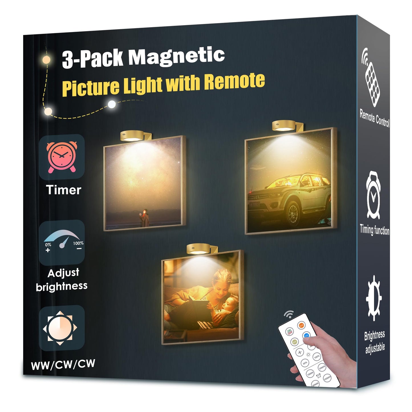 3-Pack Picture Light Battery Operated, Magnetic Led Lights with Remote, Dimmable and Timer Painting Light, Art Display Light for Picture Frame Artworking Portrait, Home Wall Decor Puck Lights, Gold