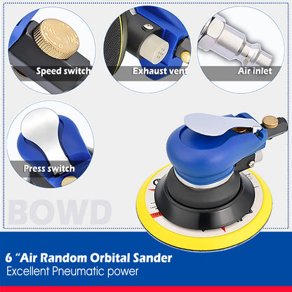 Bowd 6 Inch Air Random Orbital Sander, Pneumatic Palm Sander Tool with 10 Pcs Sandpapers for Auto Body Work