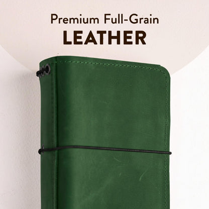 TORAKIP Travelers Leather Notebook Cover A6 – Refillable Leather Journal Cover with 5 Elastic Bands, Pen Holder & Pockets, Fits 4.1" x 5.8" Notebooks (Inserts Not Included), Green
