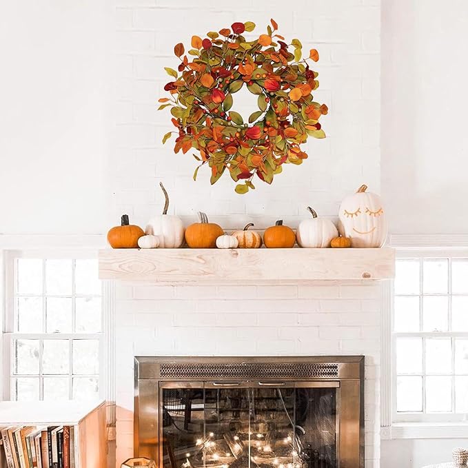 22“ Thanksgiving Fall Wreaths for Front Door Outside - Orange Green Eucalyptus & Berries Front Porch Door Wreath Decor, Harvest Autumn Decor.