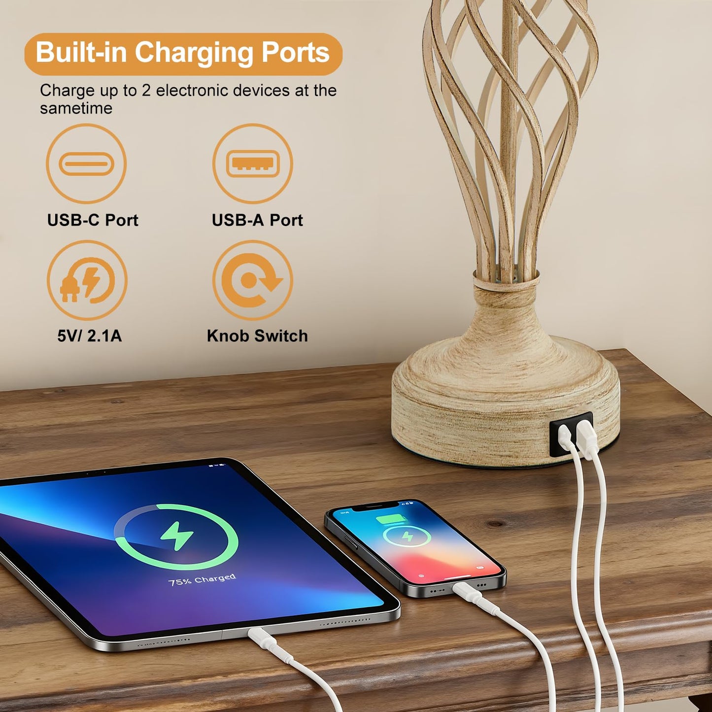 EJIAXIN Bedside Table Lamp for Bedroom Set of 2 - Beige Nightstand Lamps with USB C+A Ports,Rustic Distressed Farmhouse Bedroom Lamp - Lamp for Living Room Reading Bed Side End Table Bulbs Included