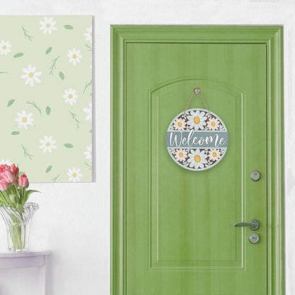 Deroro Welcome Spring Summer Daisy Flower Front Door Sign, Floral Farmhouse Wood Door Hanger Outdoor Outside Porch Decor, Rustic Seasonal Wooden Wreath Indoor Wall Hanging Decoration