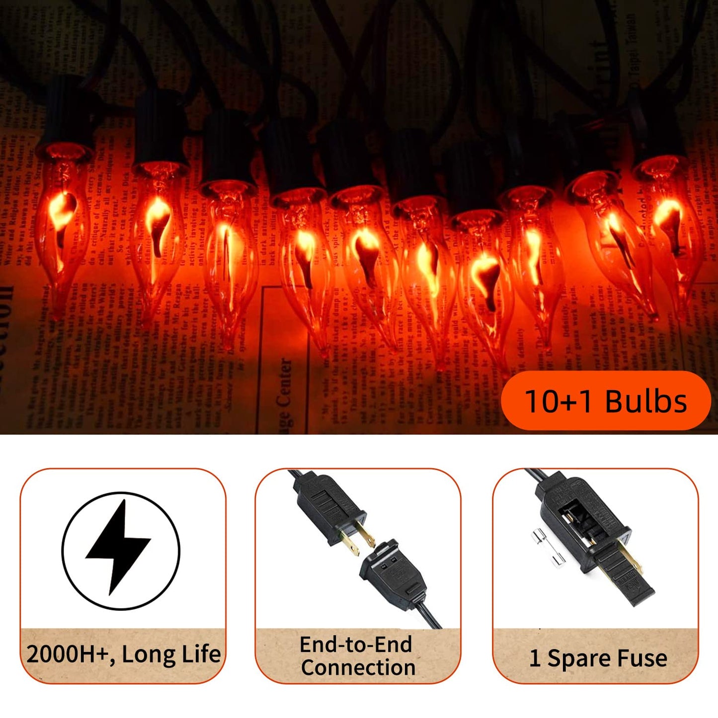 Glowzy Halloween Lights Flickering Flame String Lights with 12 Pack C7 Orange Flame Light Bulbs (2 Spare), 12.8Ft Orange Flame String Lights for Indoor Outdoor Home Party Yard Halloween Decorations