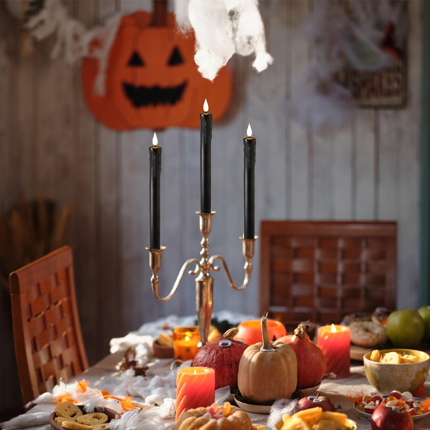 Velsyn Black Flameless Taper Candles with Remote and Timer - 9.65 Inch Real Wax LED Candlesticks - Wax Drip Battery Operated Halloween Taper Candles with 3D Flickering Flame Halloween Decor, 3 Pack