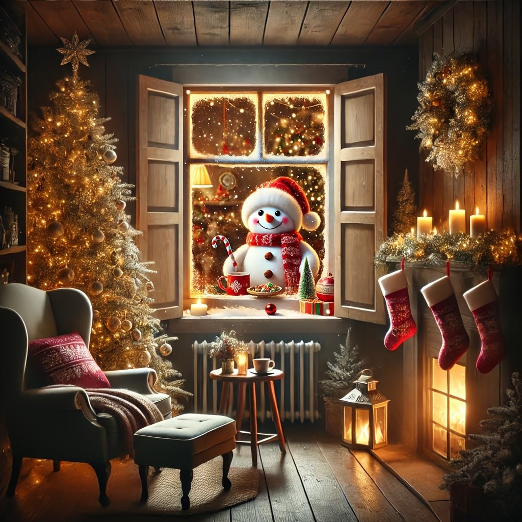 Tomhong Christmas Snowman Window Banner 31x47 Inch Holiday Decoration Cozy Indoor Outdoor Home Wall or Window Display with Snowy Scene and Warm Lights