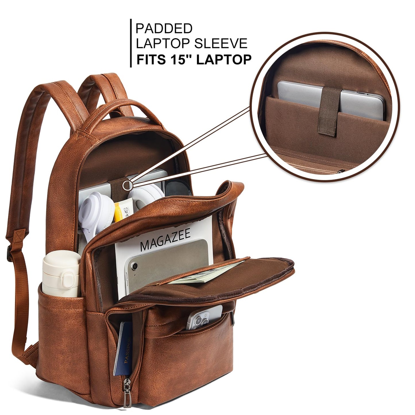 LATMAP 30L Backpack Purse for Women Men Laptop Backpack, Faux Leather Travel Work Backpack Teacher Bookbag fits 15.6" Laptop,Brown