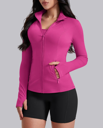 AVGO Womens Workout Jackets Lightweight Athletic Zip Up Jacket Slim Fit Running Gym Top with Pockets & Thumb Holes(Hot Pink, XS)