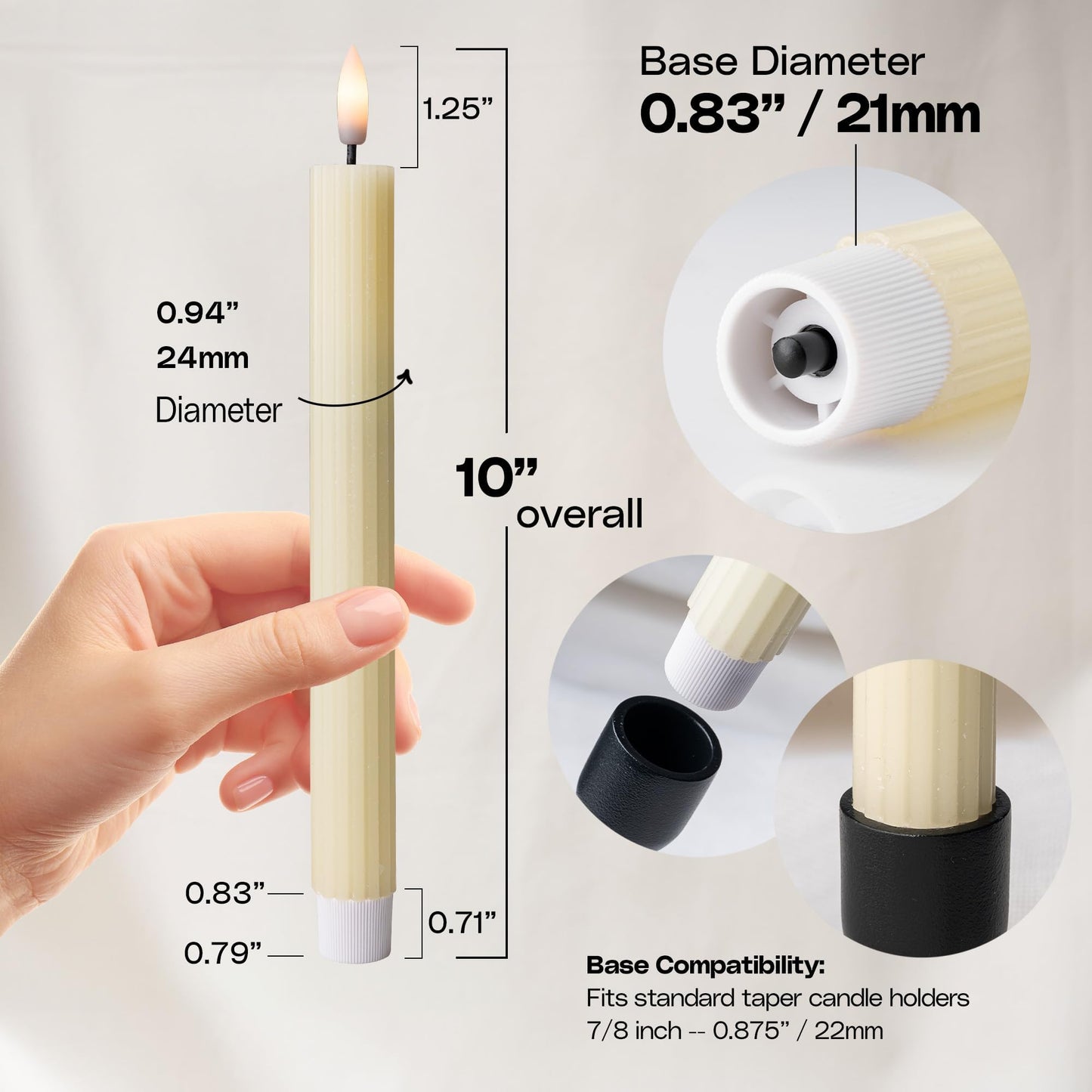 West Ivory 12 Pack, 10" LED Flameless Ivory Fluted Ribbed Grooved Taper Candles with 2 Remotes & 24h Timer Memory, On/Off Button, Dimmable, Flicker Mode, Battery Operated, Christmas Menorah Wedding