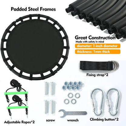 YSEJOMP Black Round Saucer Swing with Handles -Made of Sturdy Frame,PP Mat,Adjustable Multi-Strand Ropes,Safe and Durable for Yard Garden Playground Park (Black+Extra Straps, 40 inches)