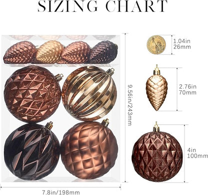 JORNOY Brown Christmas Tree Ornaments, 4inch/100mm Shatterproof Ornaments for Christmas Tree Set - Large Plastic Decorative Hanging Balls Ornaments for Xmas Tree Decorations Party, 12ct (Brown)