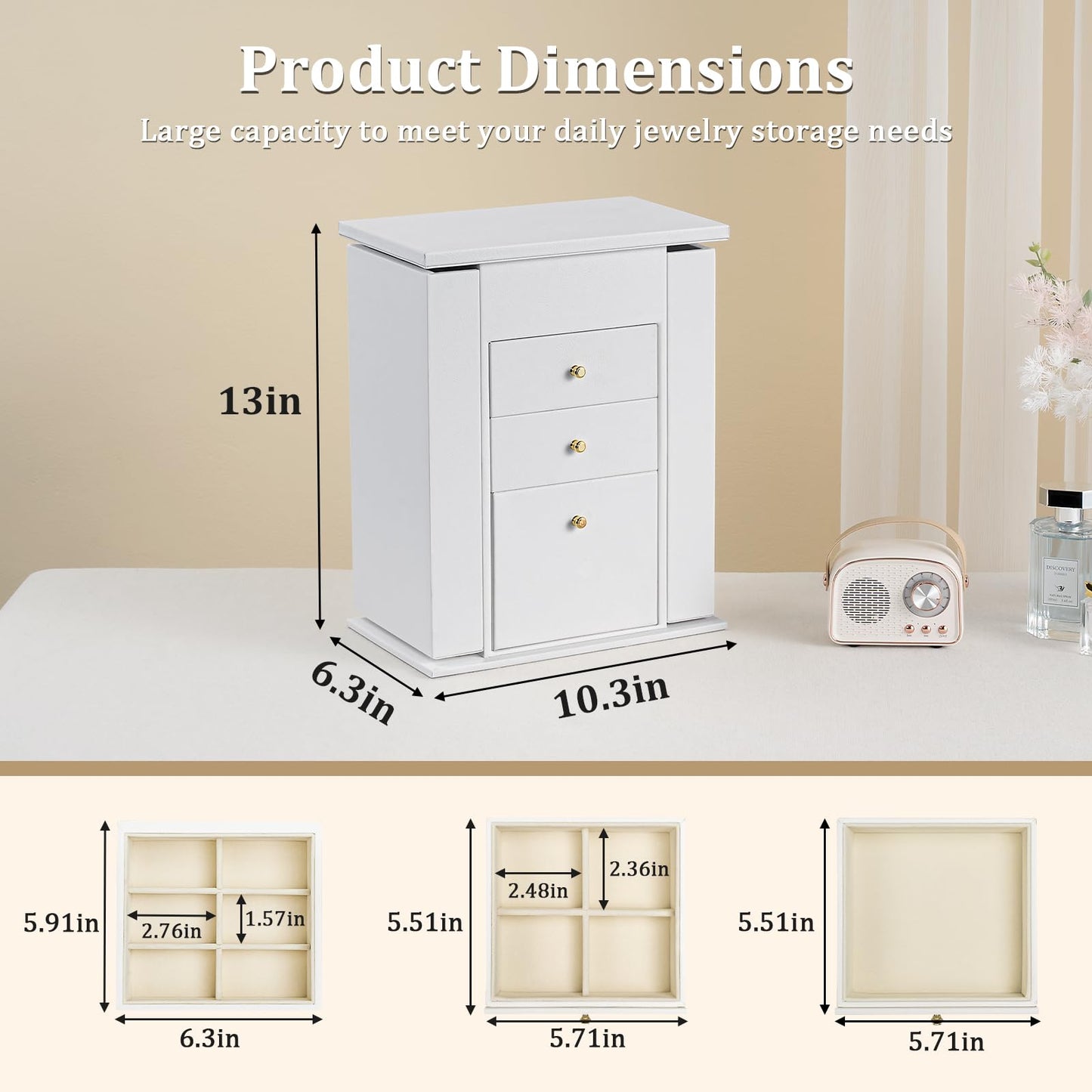 Emfogo Synthetic Leather Jewelry Box Organizer, Large Jewelry Boxes Storage with Mirror Velvet Interior, 4 Tier Jewlery Organizers for Women Girls Dedicated Slots for Ring Necklace (White)