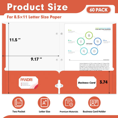 Two Pocket Portfolio Folders, PANDRI 60 Pack 3 Hole Punched 2 Pocket Folders for 3 Ring Binder, Letter Size Paper File Folder for School Office Home Business, Red