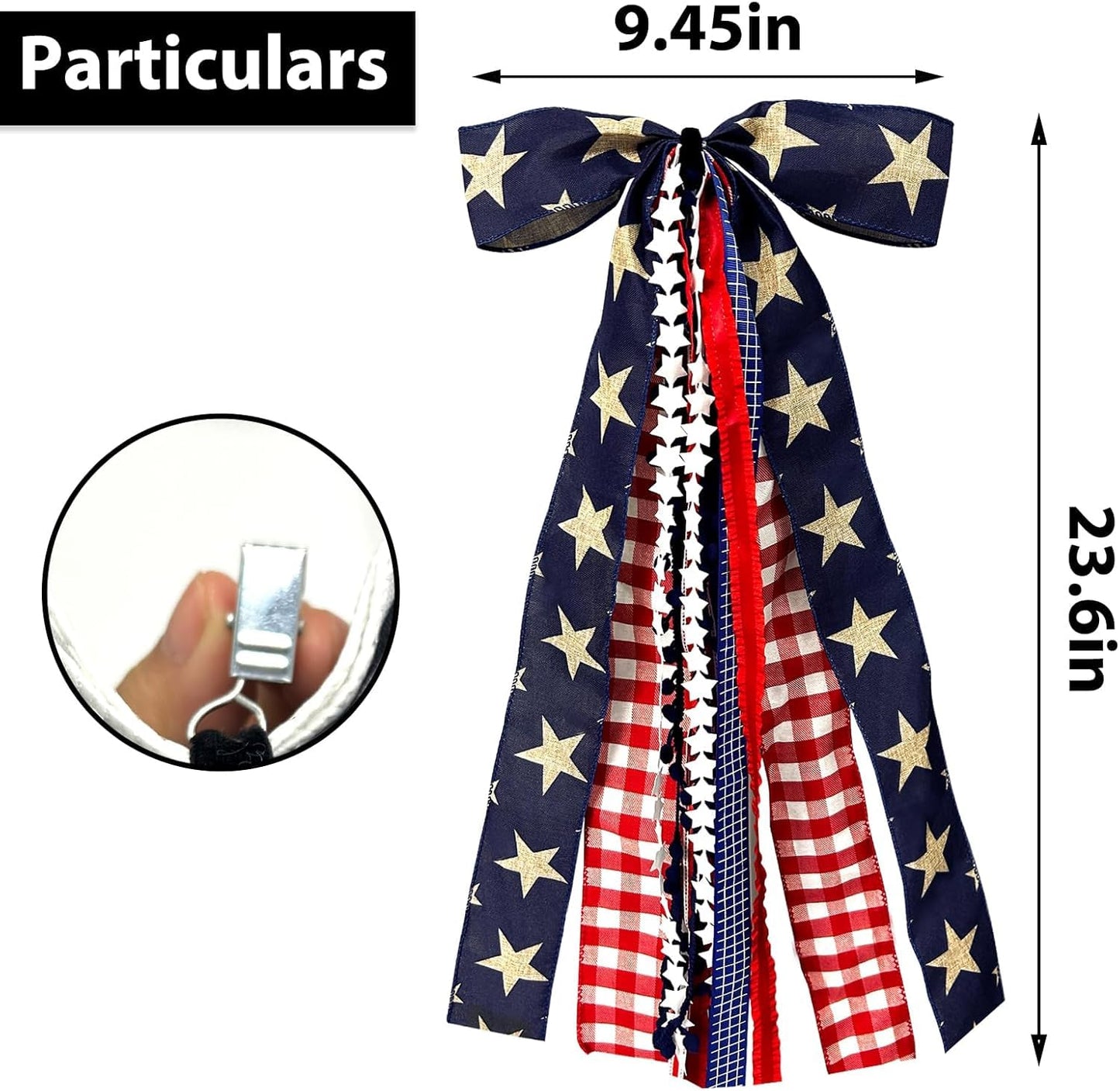 Large Patriotic Ribbon Bow, 4th of July Red White and Blue Bows Clip-On Star Sash Patriotic Wreaths for Front Door Indoor Outdoor Memorial Day Decoration