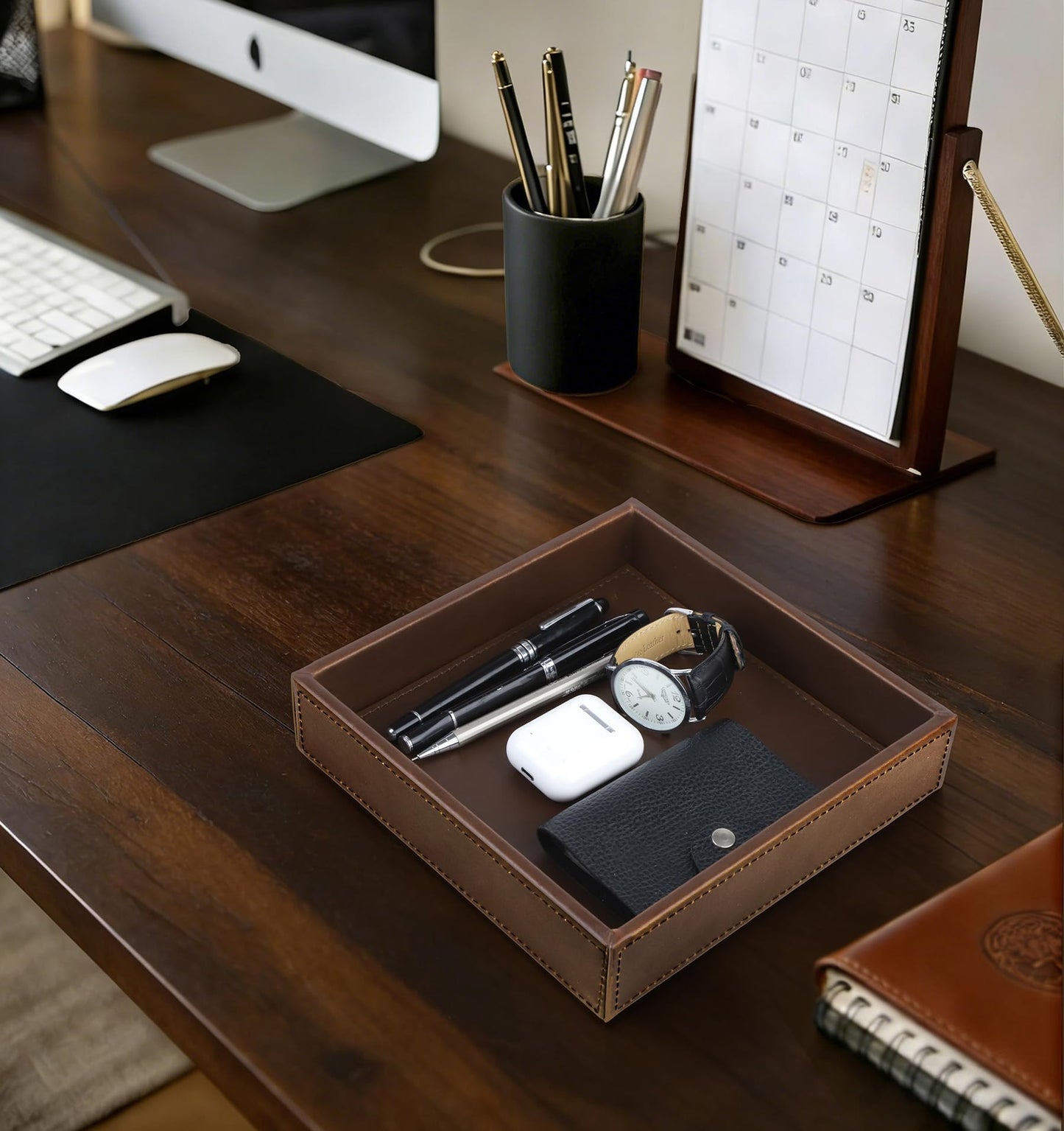 HofferRuffer Faux Leather Vanity Tray, Elegant Desktop Storage Organizer, Decorative Catchall for Perfume, Bathroom Valet, Nightstand or Dresser, 8 x 8 x 1.8 inches (Brown)