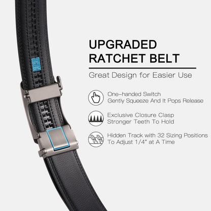 SENDEFN Men's Leather Belt Automatic Ratchet Buckle Slide Belt for Dress Casual Trim to Fit with Gift Box(A-black-31)