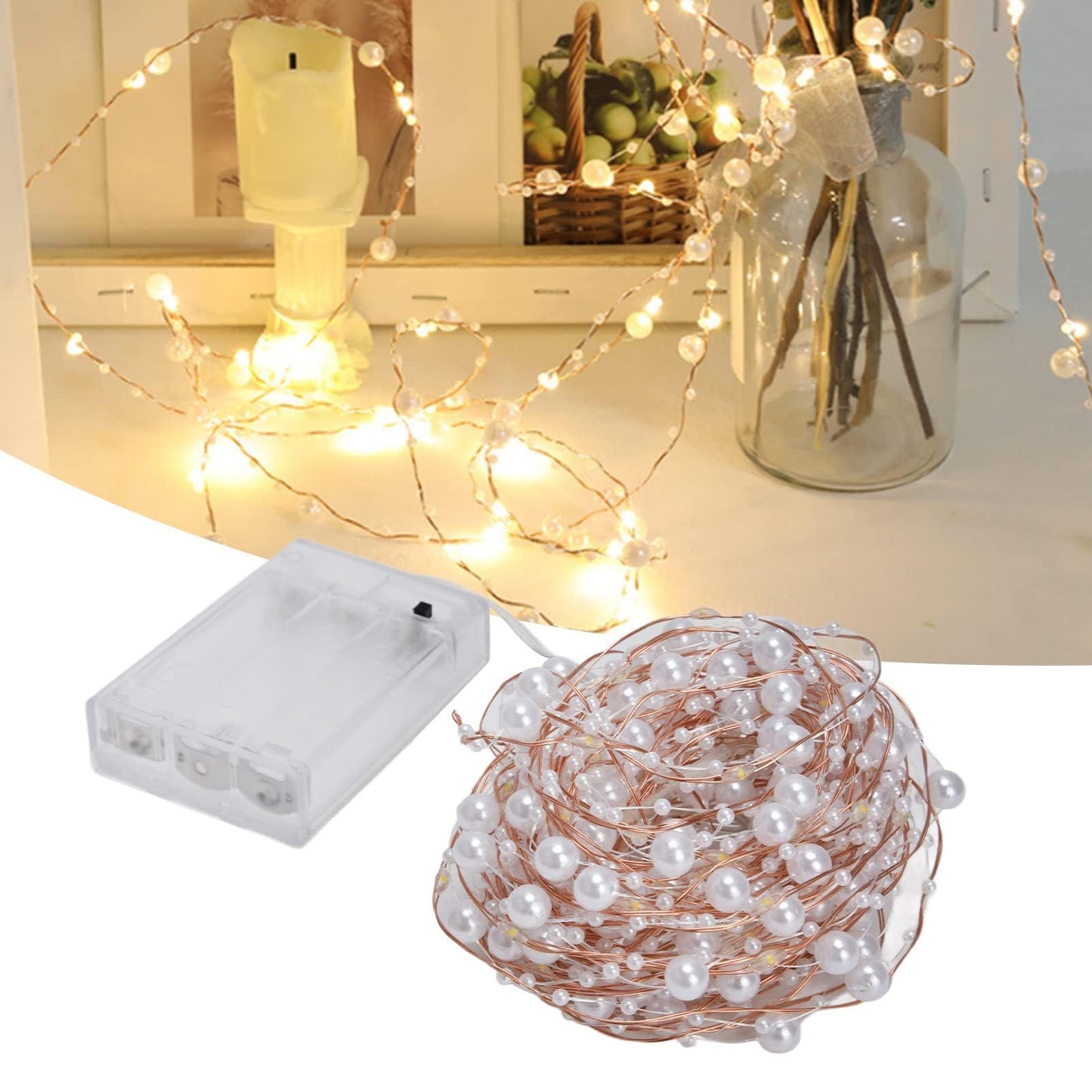 Kukyller 2PCS 32.8ft LED Fairy Lights Battery Operated, Ocean Pearl Beads String Lights, Pearl Fairy Copper Wire Lights for Home Bedroom Classroom Dorm Wedding Christmas Decor (10m)
