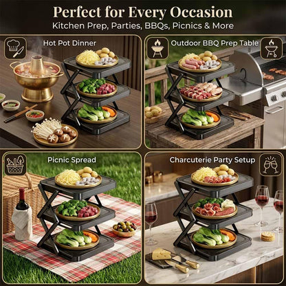 Multi-Layer Dish & Prep Tray Storage Rack, 3-Tier Foldable Food Prep Storage Rack, Easy to Store, Space-Saving, Food Prep Rack for Parties, Picnics, Kitchens & Outdoor BBQ (White*1)