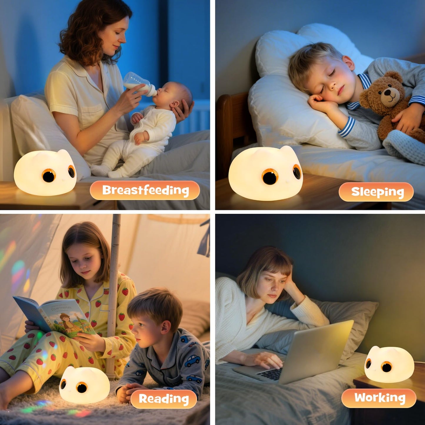 Squishy Cat Night Light 2 Brightness Adjustable Cute Big Eyes Kitty Light with 20mins Timer Nursery Breastfeeding Nightlight Rechargeable Silicone Touch Bedside Animal Lamp for Home Bedroom Dorm Decor