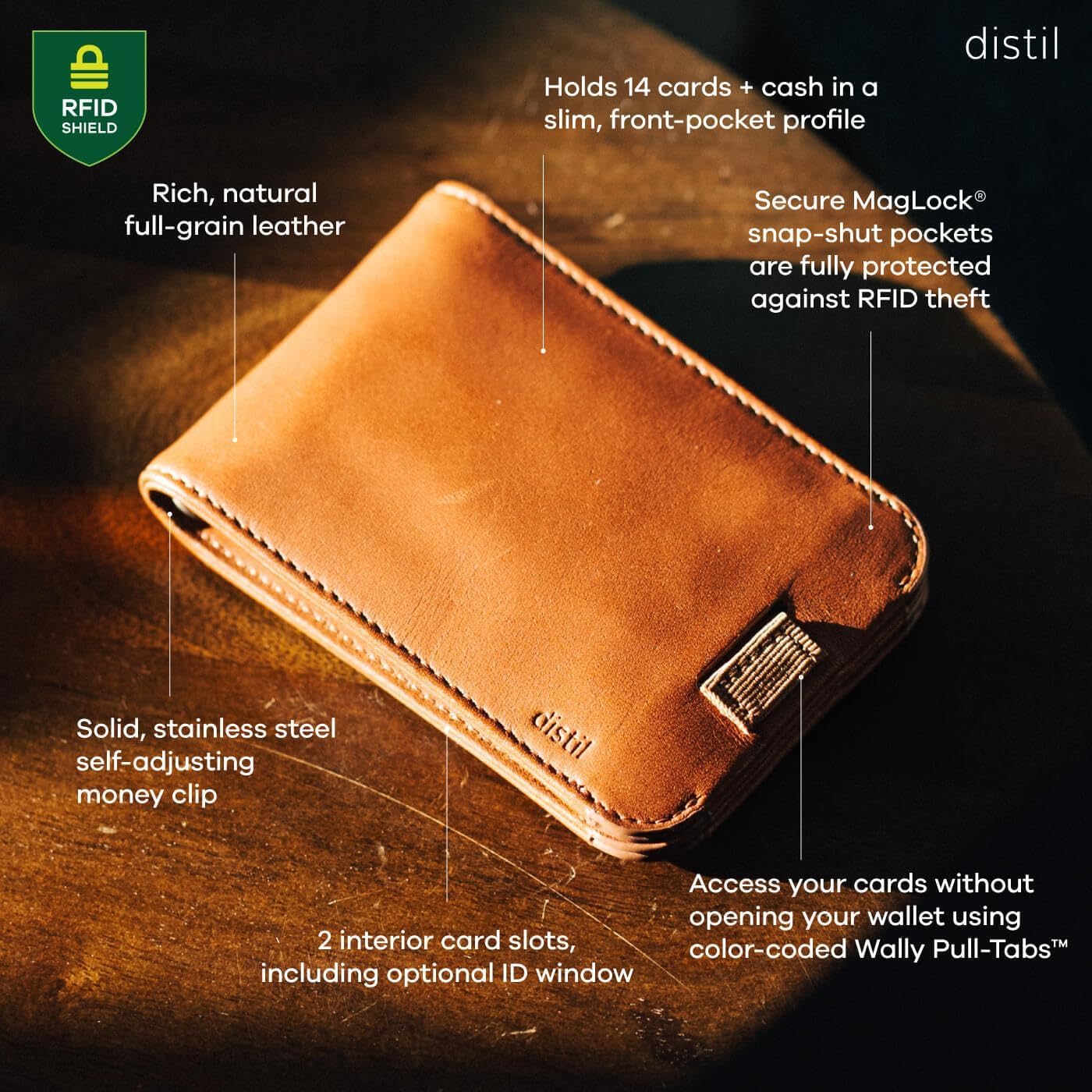Distil Union Wally Bifold 5.0 Slim Bifold Wallet for Men – Minimalist RFID Leather Wallet with ID Window, Pull Tab Card Holder & Money Clip - Holds 14 Cards & 30 Bills - Black