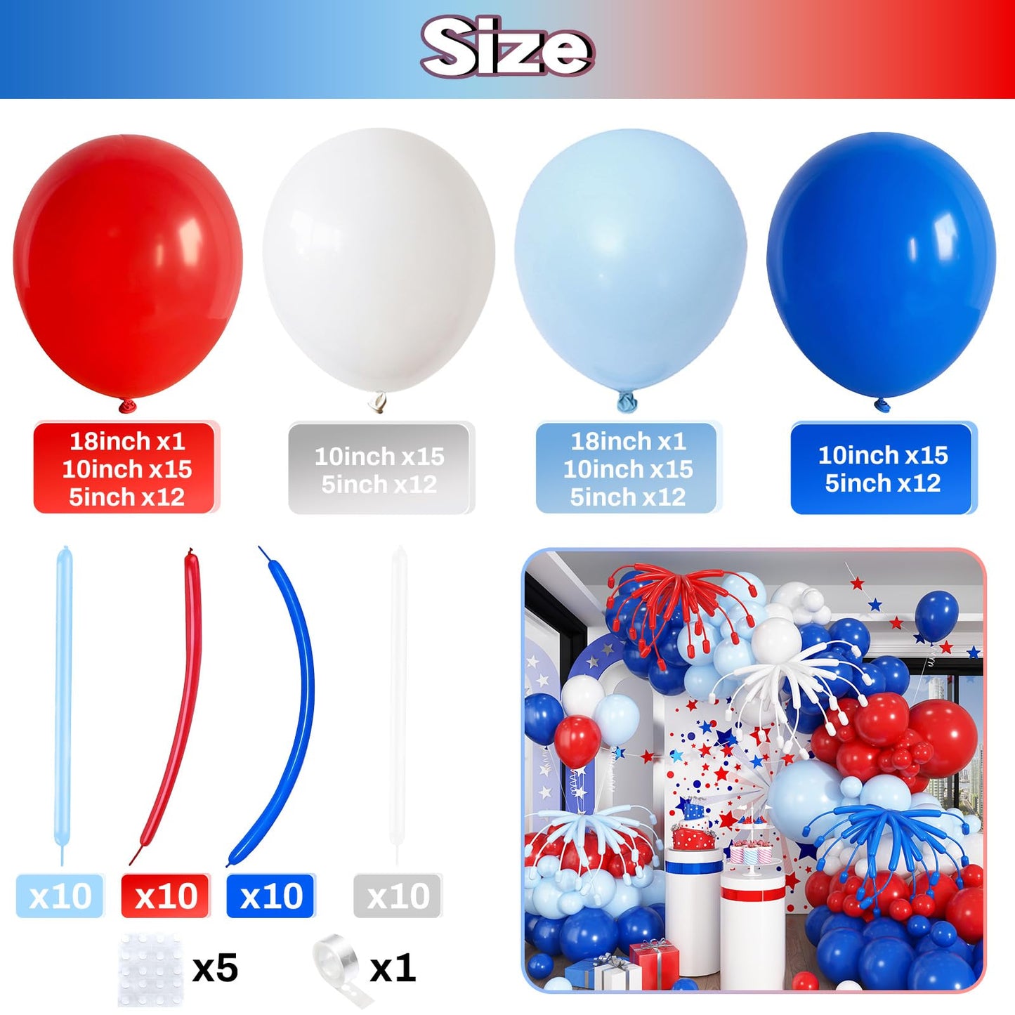 Red White Blue Balloon Arch Kit, 4th of July Independence Royal Blue Red White Latex Helium Balloon Garland for Patriotic Baseball Nautical Birthday Baby Shower Graduation Party Decorations