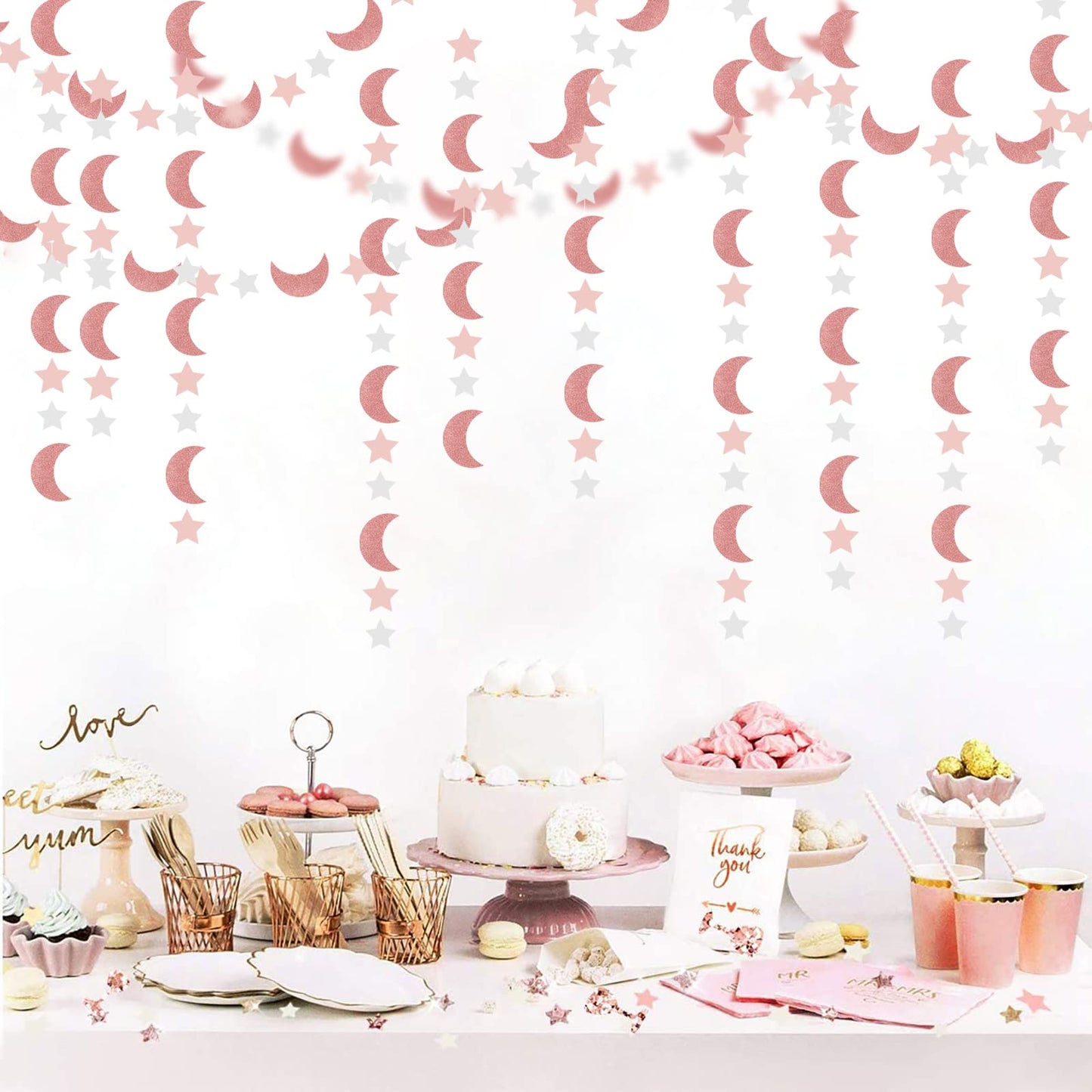 Pink Rose-Gold Moon-Star Party-Decorations Garland - 52Ft Twinkle Little Star Hanging Decoration Streamers Banner, Eid Ramadan Mubarak Decoration Birthday Wedding Baby Shower Party Decor Panduola