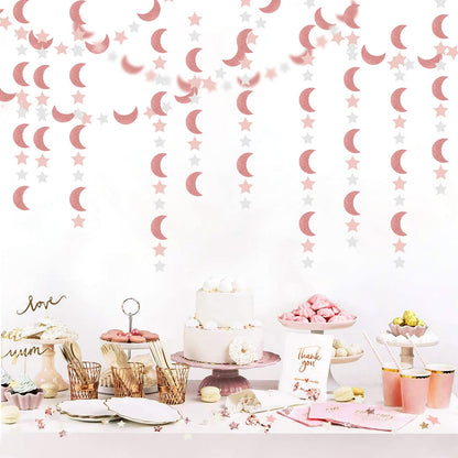 Pink Rose-Gold Moon-Star Party-Decorations Garland - 52Ft Twinkle Little Star Hanging Decoration Streamers Banner, Eid Ramadan Mubarak Decoration Birthday Wedding Baby Shower Party Decor Panduola