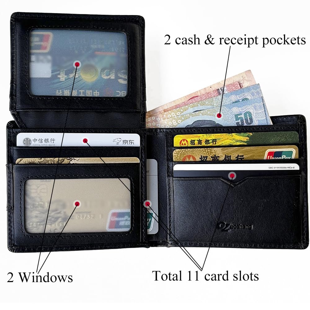 GZBOSHENG Mens Genuine Leather Bifold RFID Blocking Wallet for Men with 2 ID Window 9 Card Holders 2 cash pockets,Includes Gift Box for Father (Black)