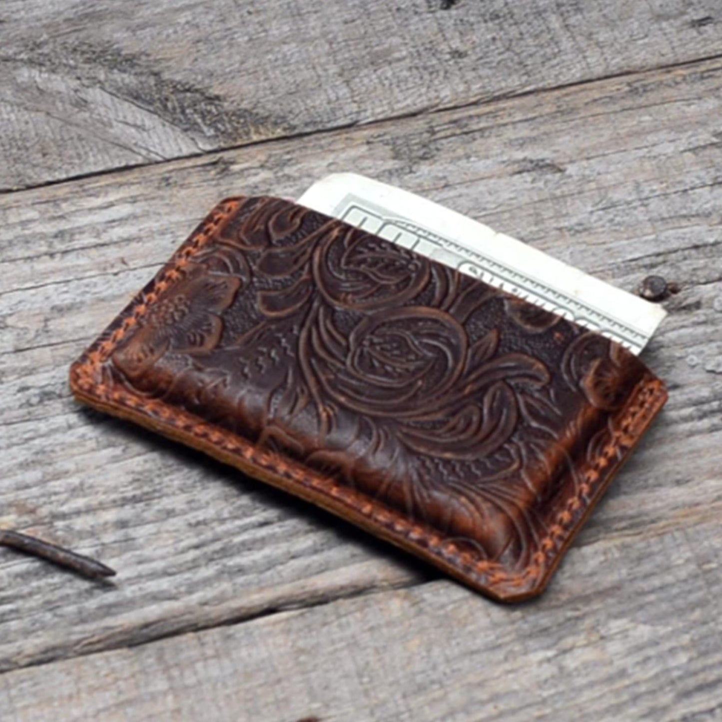 JJNUSA Handmade Leather Business Card Case Holder for Men & Women Minimalist Leather Wallet Card Holder Distressed Gifts Flower brown
