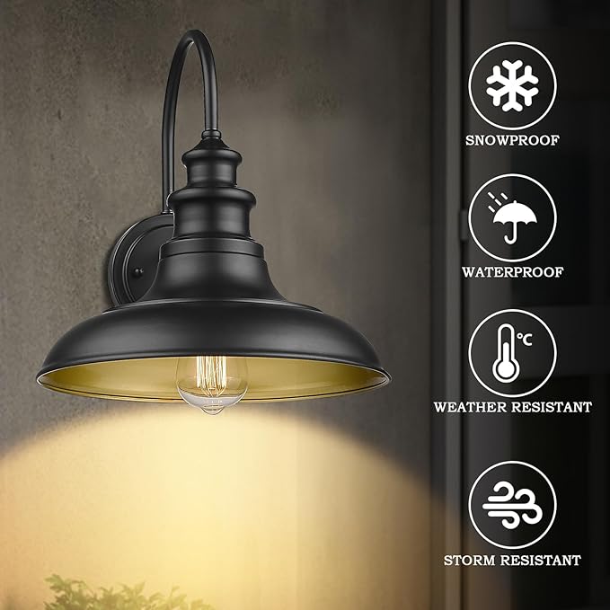 Outdoor Barn Light Fixture, 12.3 Inch Large Dome Farmhouse Wall Mount Light Gooseneck Wall Sconce Exterior Wall Lighting Fixture Industrial Black Finish Lantern for Porch with Gold Interior, 1pack