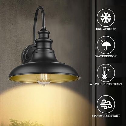 Outdoor Barn Light Fixture, 12.3 Inch Large Dome Farmhouse Wall Mount Light Gooseneck Wall Sconce Exterior Wall Lighting Fixture Industrial Black Finish Lantern for Porch with Gold Interior, 1pack