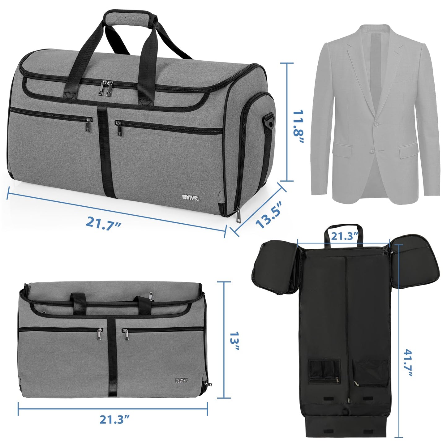 IBVIVIC Convertible Garment Bags for Travel, 2-in-1 Carry On Garment Duffle Bag With Shoe Compartment for Women Men, 50L Hanging Suitcase Suit Travel Bags with Shoulder Strap, Grey