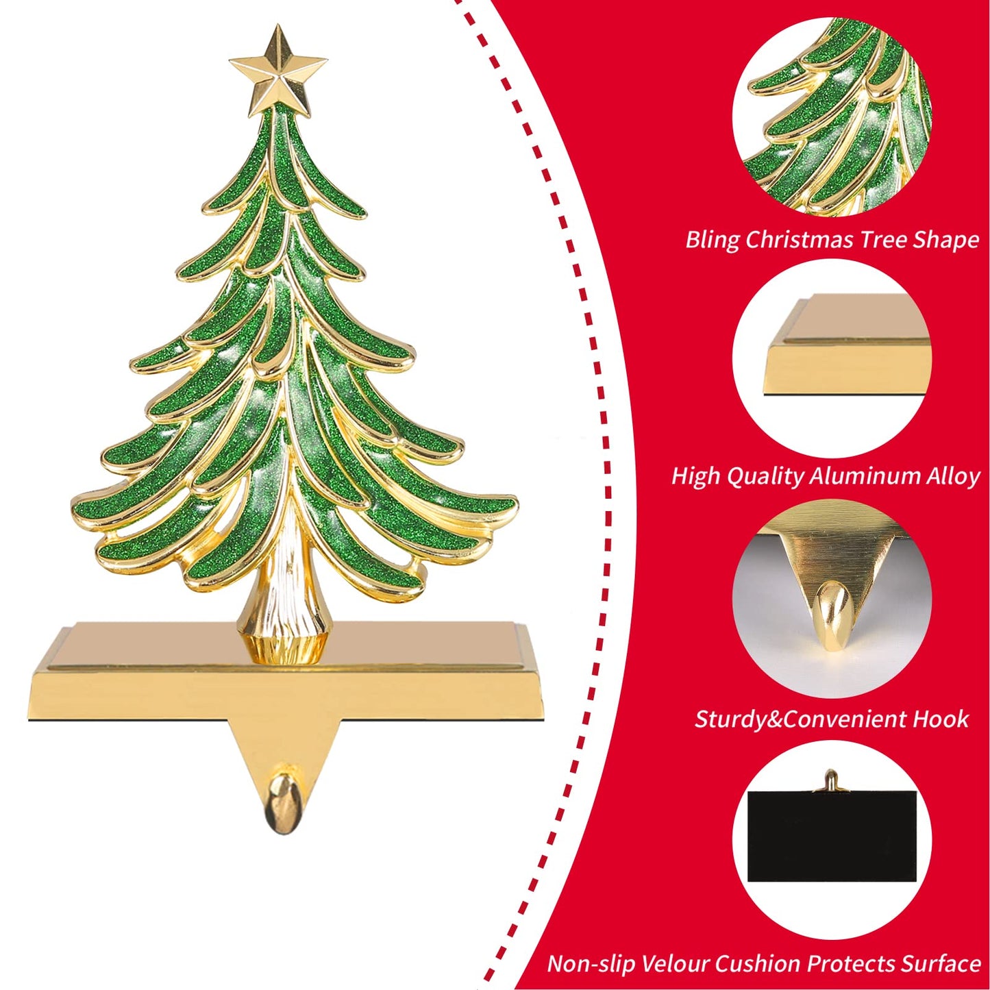 JUSTOTRY Christmas Stocking Holders for Mantle Glitter Green Xmas Tree Gold Stocking Holder for Fireplace Home Decor Holiday Gifts Christmas Decorations Supplies Non-Skid Durable and Sturdy