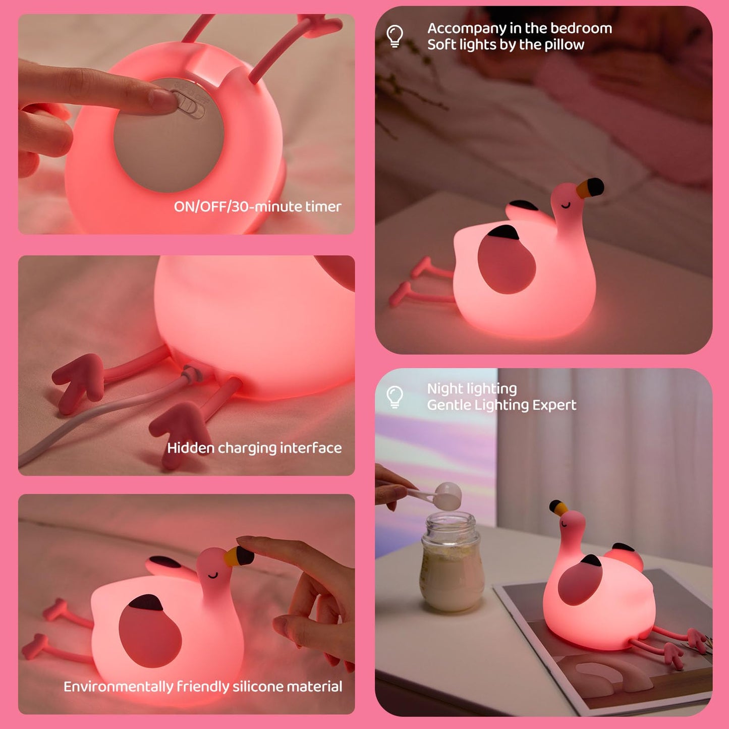 DADYLOBO Pink Flamingo Night Light for Kids, Dimmable Silicone LED Baby Nursery Night Light, Funny Nightlight Girls Trendy Gifts, Rechargeable Bedside Lamp Kawaii Pink Decor for Bedroom Home Office