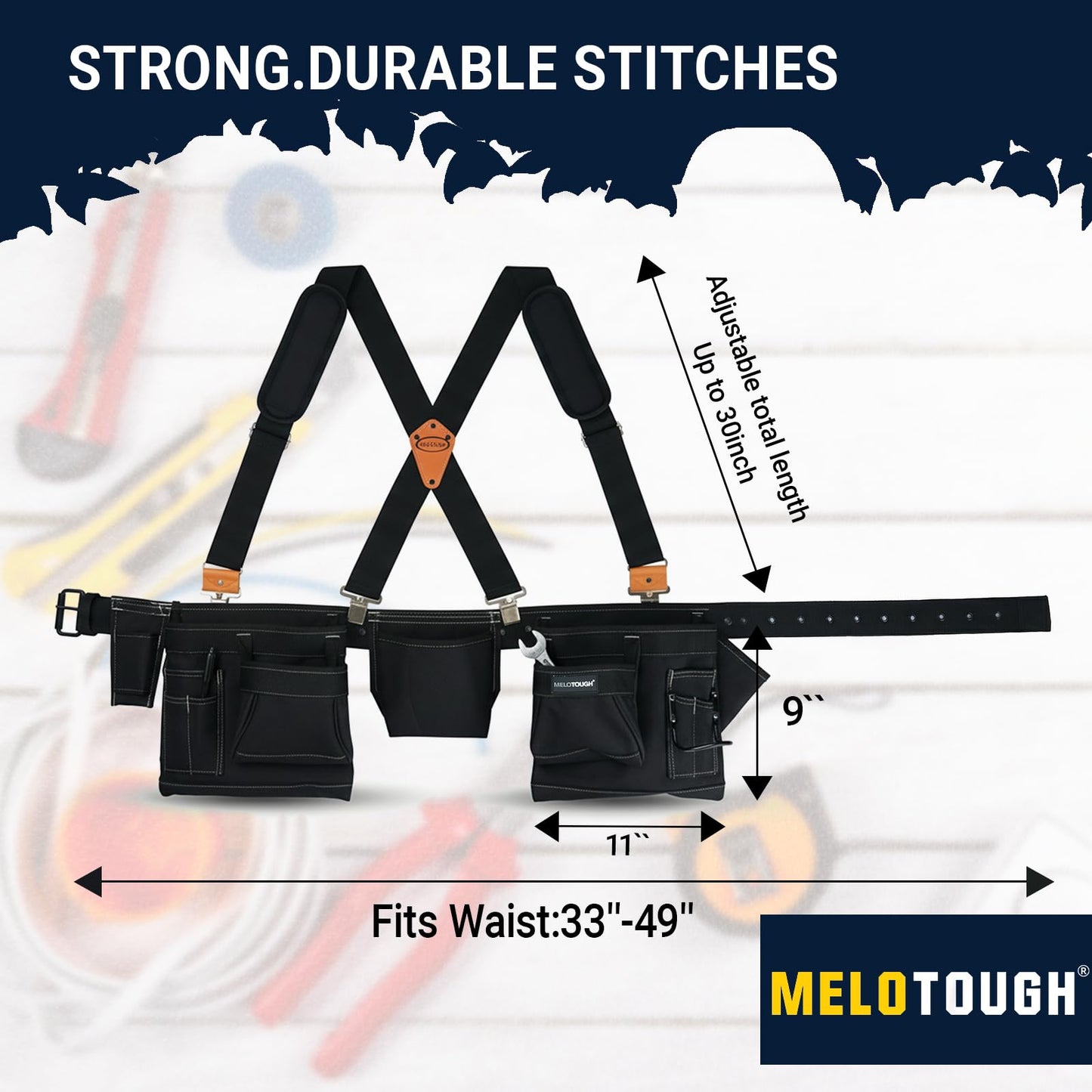 MELOTOUGH 14-Pockets Professional Tool Belt with Suspenders,Heavy Duty Tool Bag and Pouch Combo for Carpenters,Construction,Electricians(Black, 33''-49'')