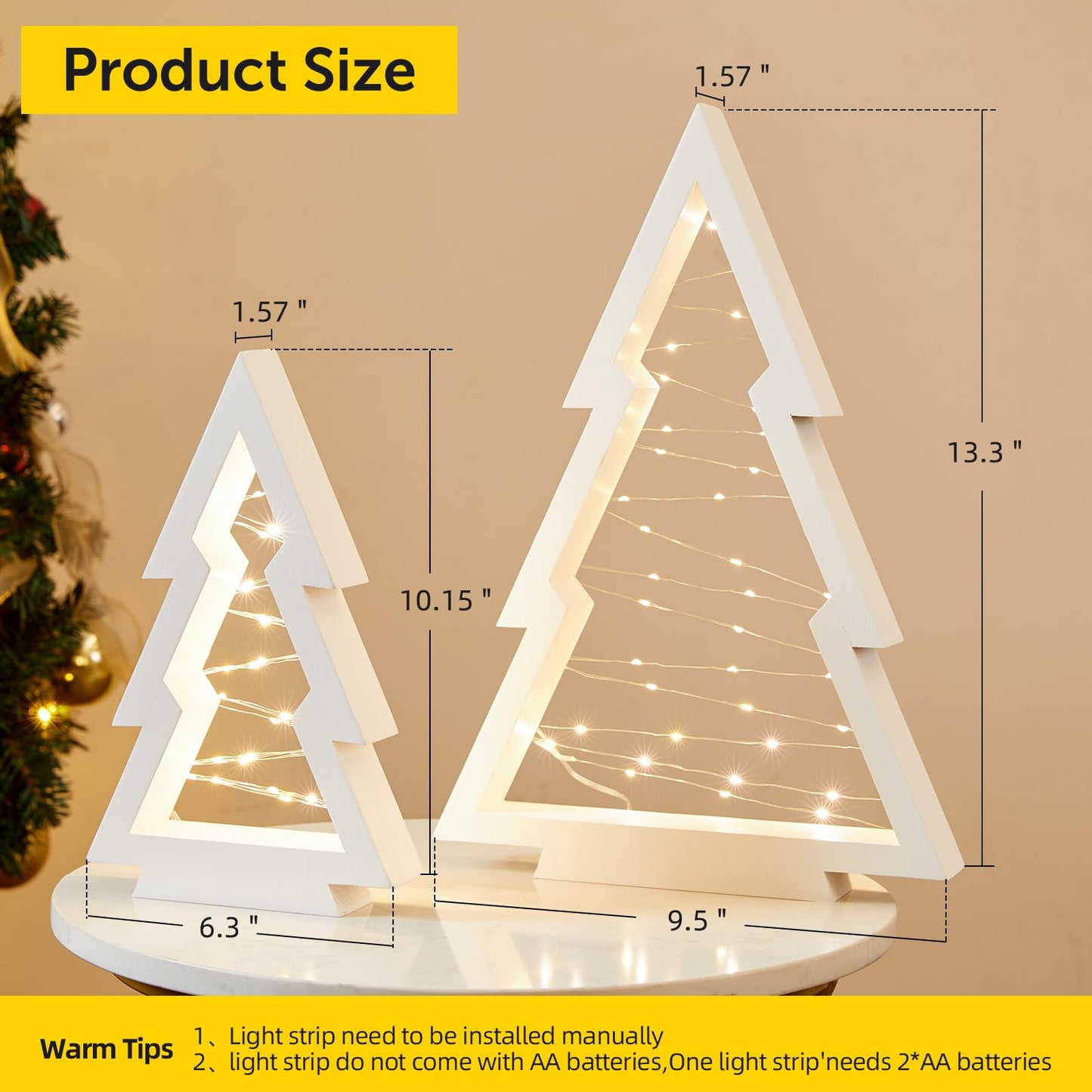 Neoflavie 2 Pcs Wood Christmas Tree with Lights-Modern Farmhouse Lighted Tabletop Christmas Tree Decor for Christmas Holiday Decorations Home Party Table Fireplace Mantle Shelf Decor(White)