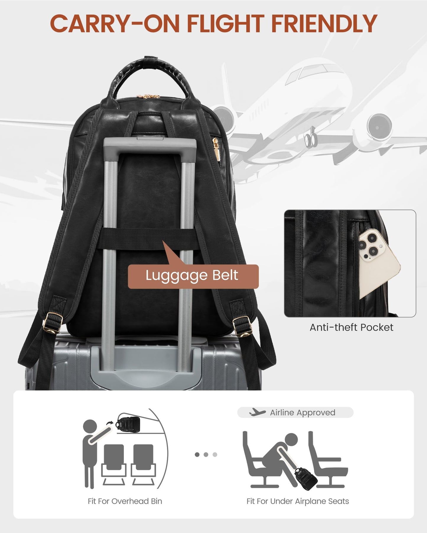 LOVEVOOK Vintage PU Leather 15.6 inch Women's Laptop Backpack, Black, 25L, Water Resistant, USB Charging Port