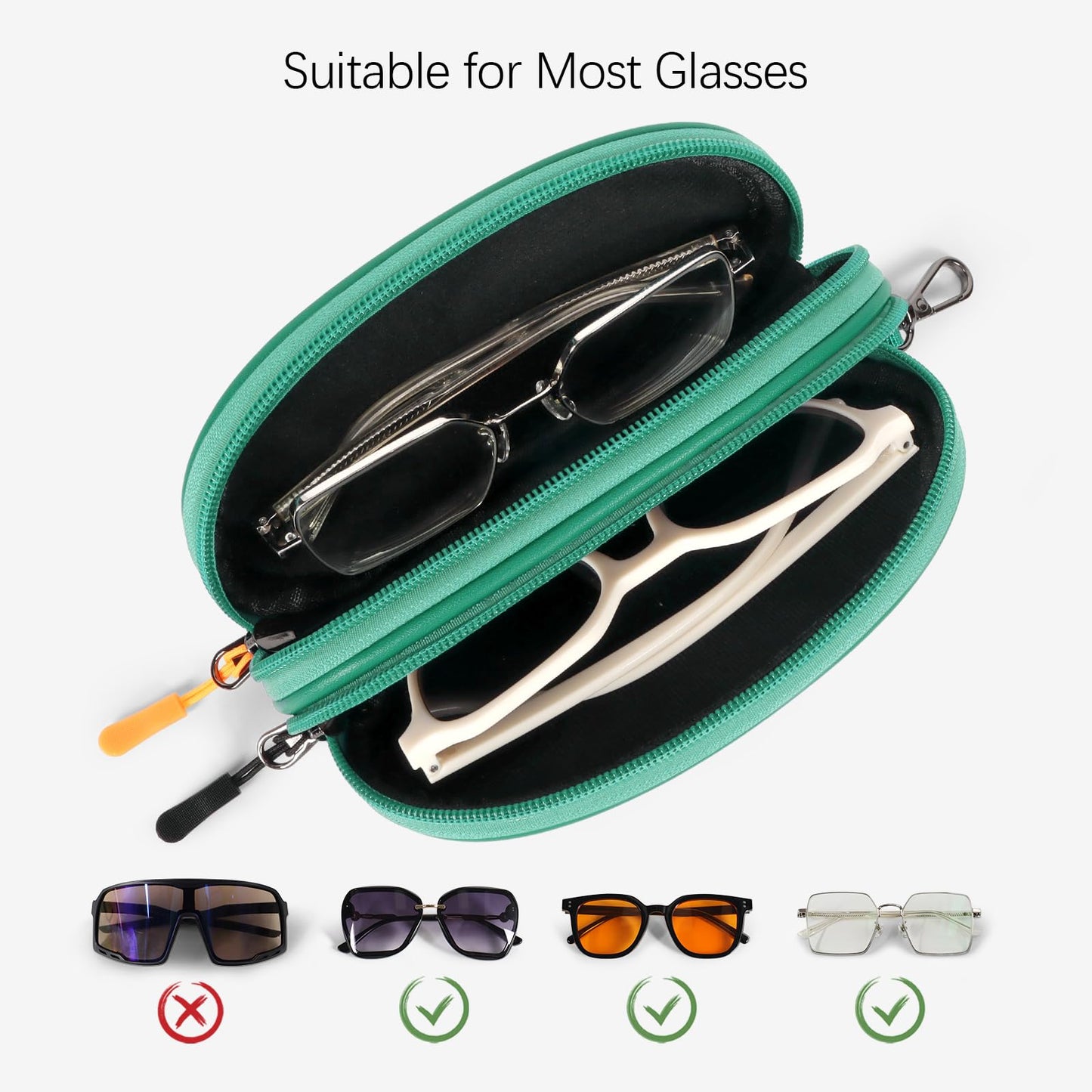Tangoner Double Eyeglasses Case with Zipper – Faux Leather Soft Sunglasses Pouch, Portable Travel Glasses Holder with Keychain Clip for Men & Women (Green PU)