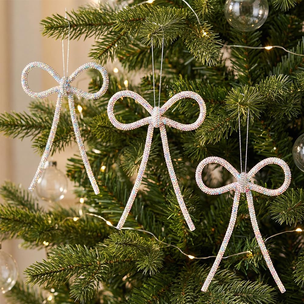 XMIAOX 3 Pcs Handmade Rhinestone Bow Christmas Ornaments, Sparkling Shapeable Bows for Holiday Tree, Wreath & Gift Wrapping, Reusable Holiday, Home, Party Décor (Iridescent, Small)