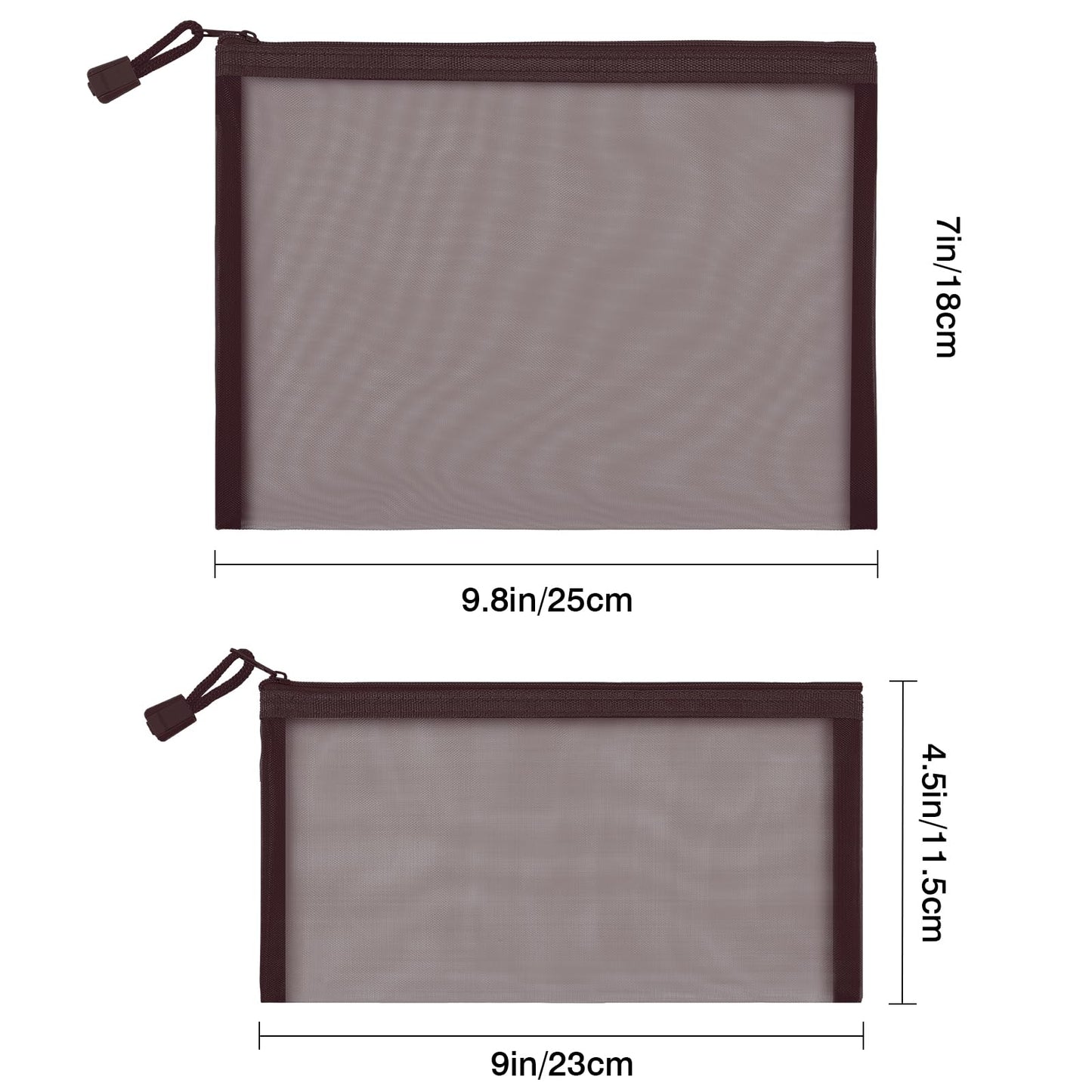 Sinzip 12 Pieces Zipper Nylon Mesh Pouch, Mesh Cosmetic Bags Makeup Bags Pencil Case, Multipurpose Travel Bags for Cosmetic School Office Supplies and Travel Accessories (Coffee, A5+B6)