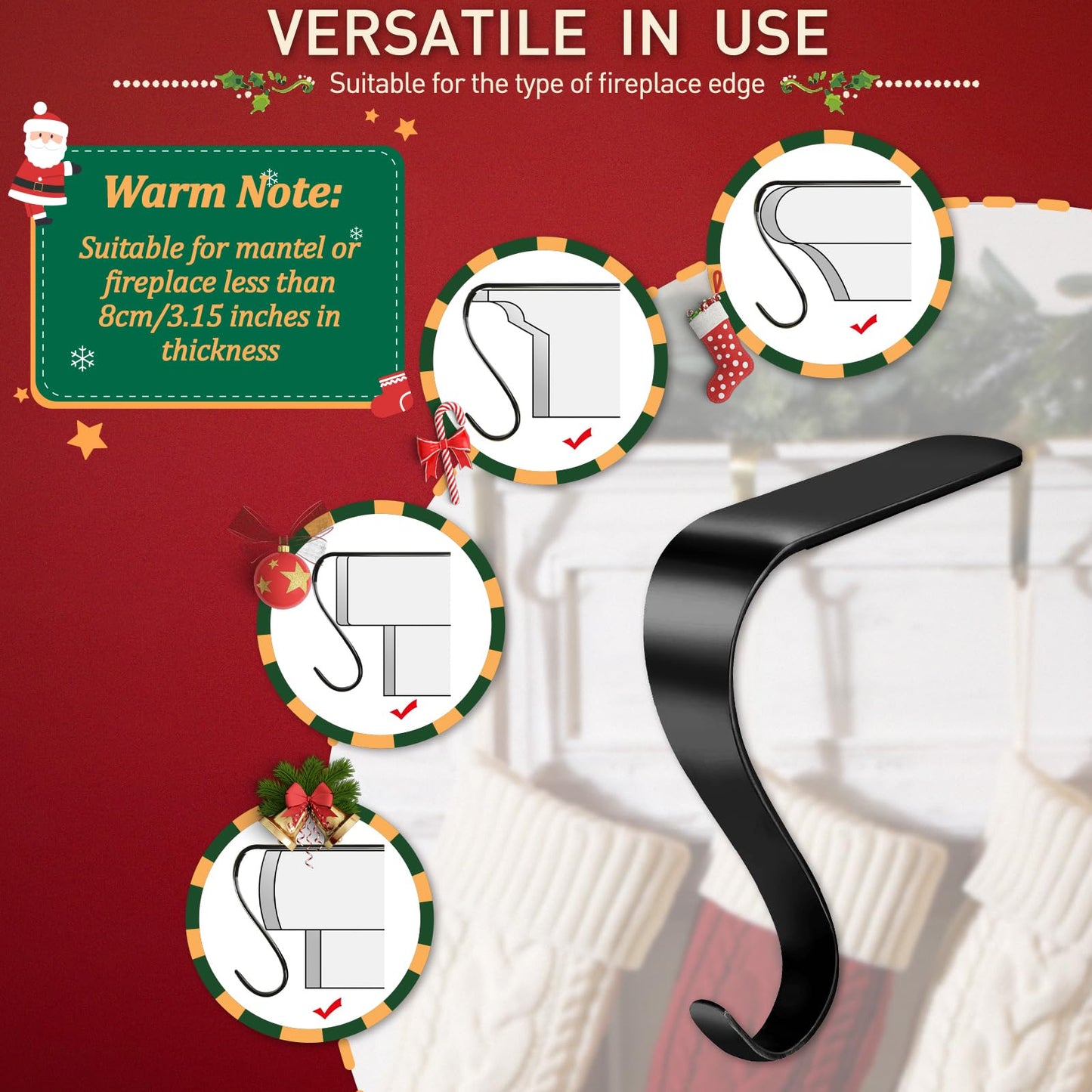 Edoneery Christmas Stocking Holders for Mantle with Silicone Anti-Slip Strips, Fireplace Stocking Hangers for Shelf, Garland Grips Hooks for Xmas & Family Party Decoration (Black 6 Pack, 6)