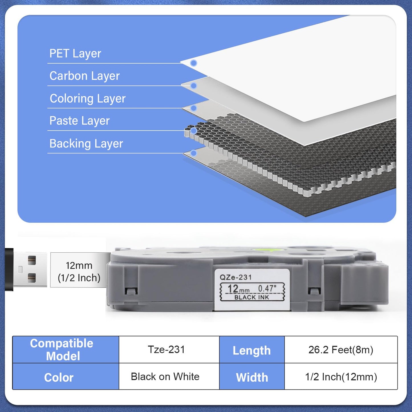 12mm 0.47 TZe TZ Tape 5Pack Laminated White Label Maker Tape Replacement for Brother P Touch Label Tape TZe-231 TZe231 Compatible with Brother PT-D210 PT-D220 PT-H110 PT-D410 PT-P710BT