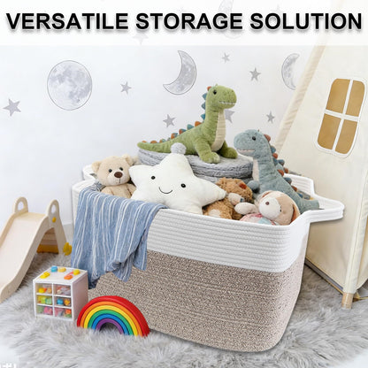 HZFTJOY Large Blanket Basket,Woven Rope Basket Storage Bin with Handles,65L Rectangle Laundry Basket for Magazines,Toys,Clothes,Newspaper Shelf Organization,Nursery and Living Room,White & Brown