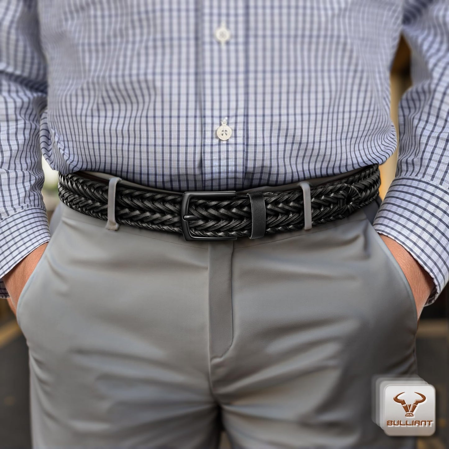 BULLIANT Men Belt 2Pack,Braided Woven Leather Belt For Men Golf Casual Jeans 1 3/8"(Black/Deep Brown,26"-30" Waist Adjustable)