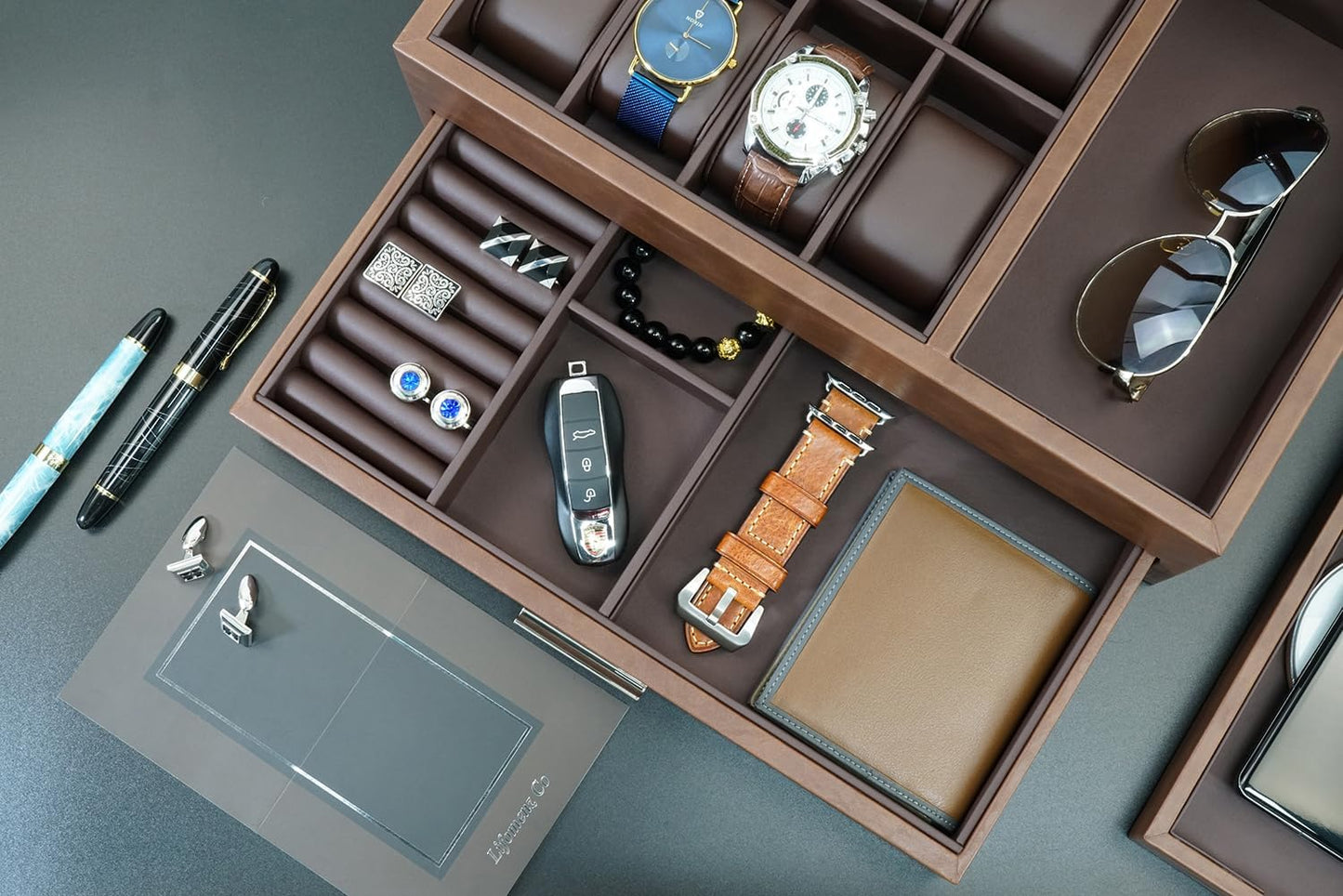 Lifomenz Co Men's Jewelry Box Organizer with Charging Station & Drawer - Premium Valet Tray for Watch, Phone, Wallet Storage - Brown